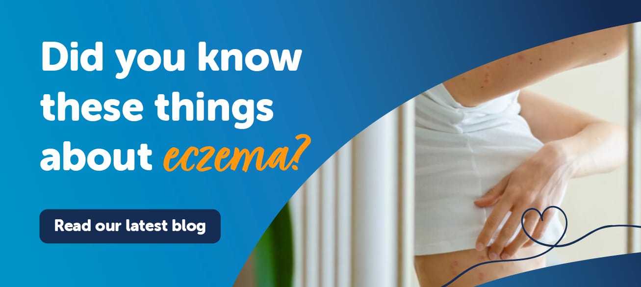 Learn important facts about eczema – Pharmacy blog post promotion with a person scratching skin affected by eczema