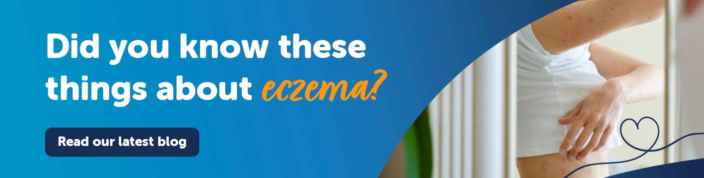 Learn important facts about eczema – Pharmacy blog post promotion with a person scratching skin affected by eczema