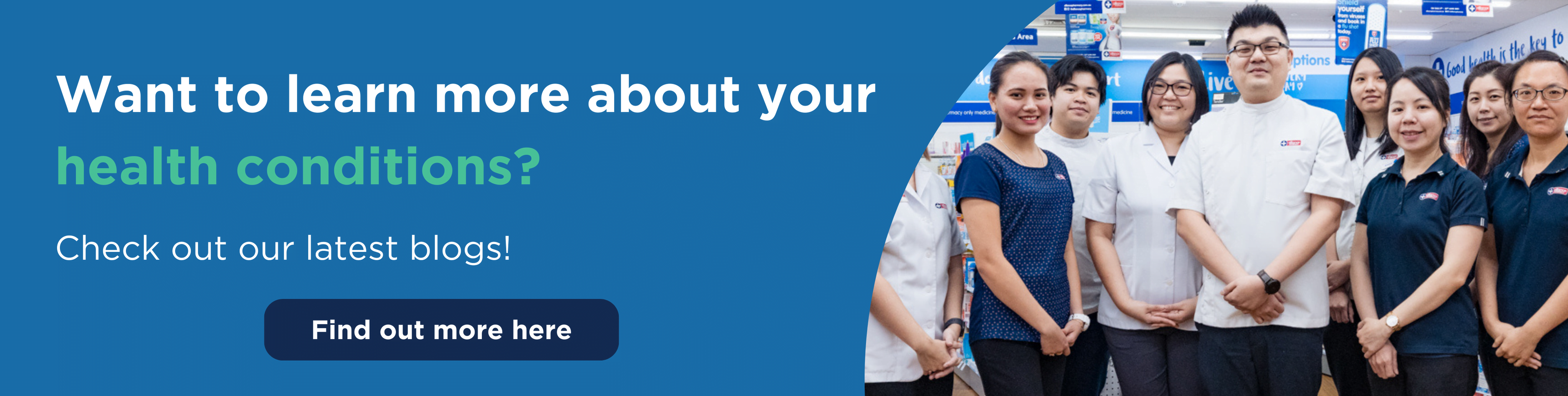 Group of pharmacists standing happily in a pharmacy, promoting health condition support through online blogs.